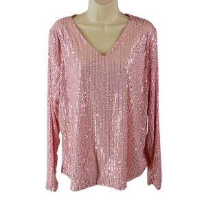 Sequin V-Neck Long Sleeve Top - Pink Size 2XL